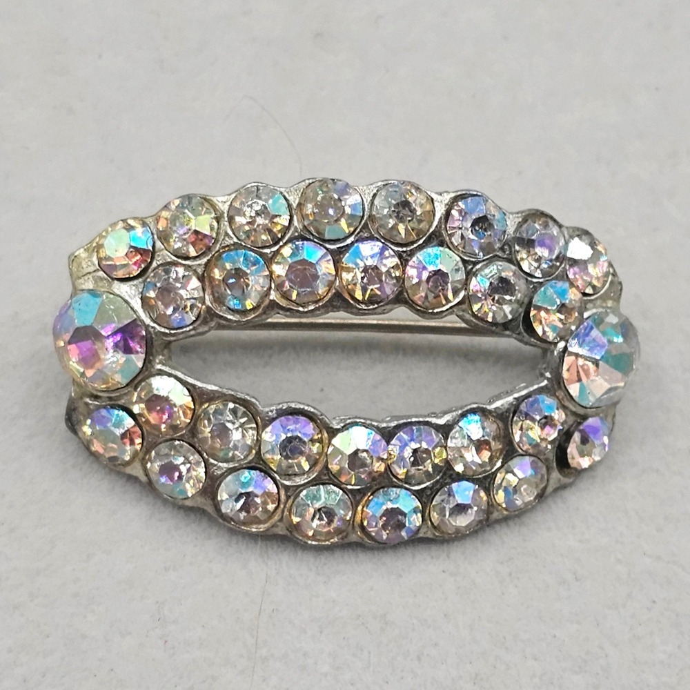 Vintage Aurora Borealis Rhinestone Brooch Oval Silver Tone 1.5 Inch Glam